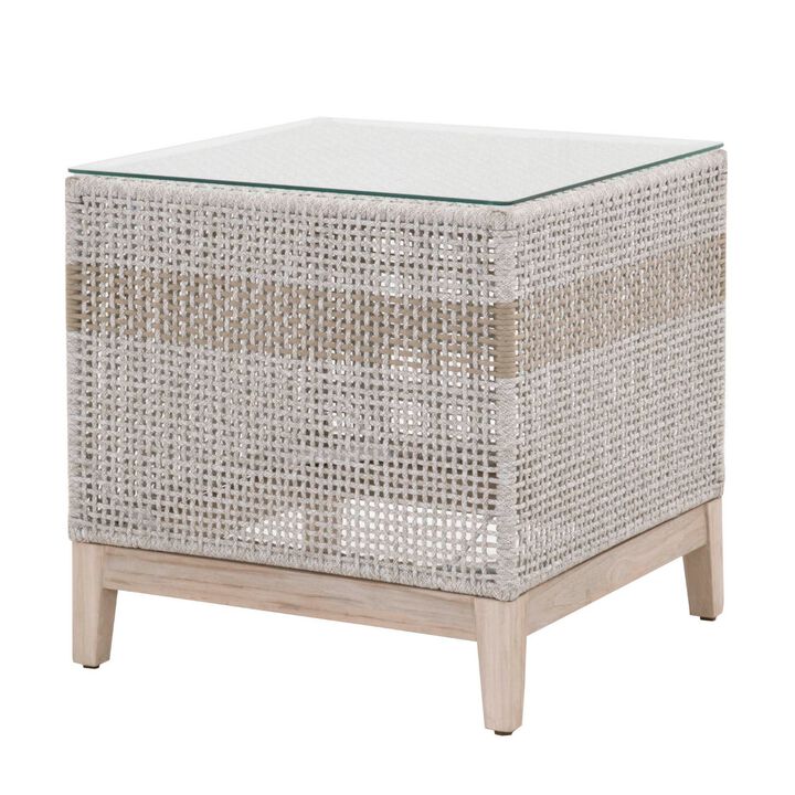 Glass Top End Table with Interwoven Rope Design Frame, Gray and Brown-Benzara