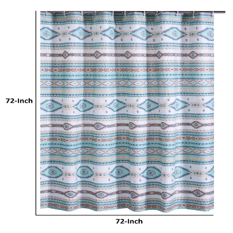 Kiev 72 Inch Shower Curtain, Microfiber Blue Southwest Design, Button Holes-Benzara