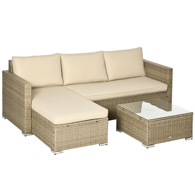 3 Piece Sectional Patio Furniture Set, Outdoor Wicker Rattan Sofa Couch with Table, Storage, 52.75"x30"x29.5", Khaki