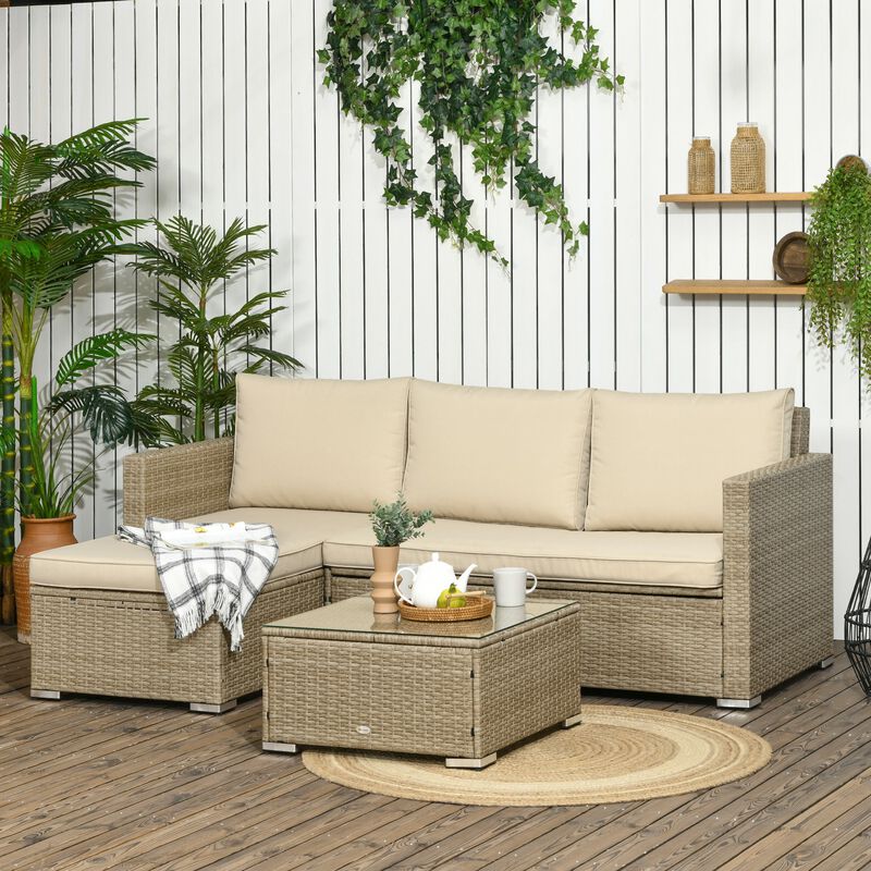 3 Piece Sectional Patio Furniture Set, Outdoor Wicker Rattan Sofa Couch with Table, Storage, 52.75"x30"x29.5", Khaki