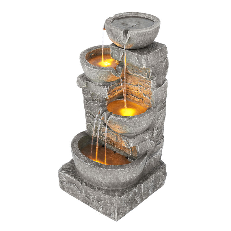 Teamson Home Outdoor Cascading Bowls and Stacked Stone Waterfall Fountain with LED Lights, Gray