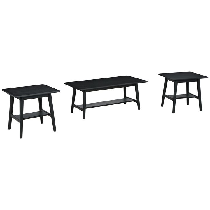 Edan 3 Piece Coffee and End Table Set With Shelves, Metal and Wood, Black-Benzara