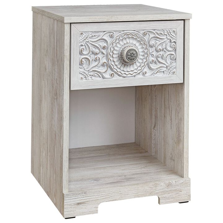 Nate 22 Inch Classic Nightstand, 1 Compartment, 1 Drawer, Antique White-Benzara