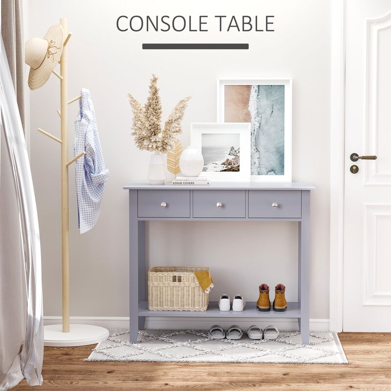 Console Table Industrial Desk with Drawer Bottom Shelf & Large Tabletop for Pictures  Great for the Entryway Grey