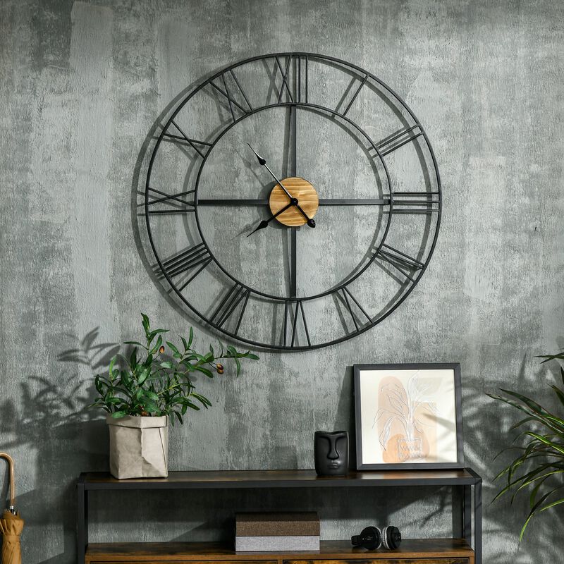 36 Inch Large Wall Clock, Silent Non Ticking Wood Metal Farmhouse Roman Numeral Clocks for Living Room Decor, Battery Operated, Black