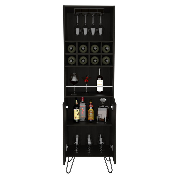 DEPOT E-SHOP Zamna H Bar Double Door Cabinet, Eight Built-in Wine Rack, Four Legs, Four Shelves, Black