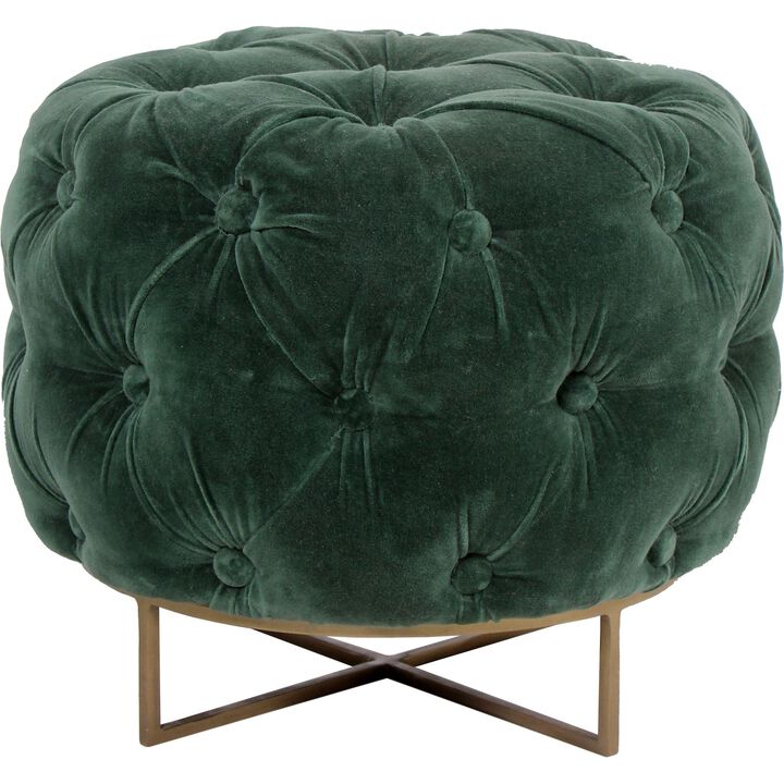 19" Emerald Green and Gold Tufted Round Stool
