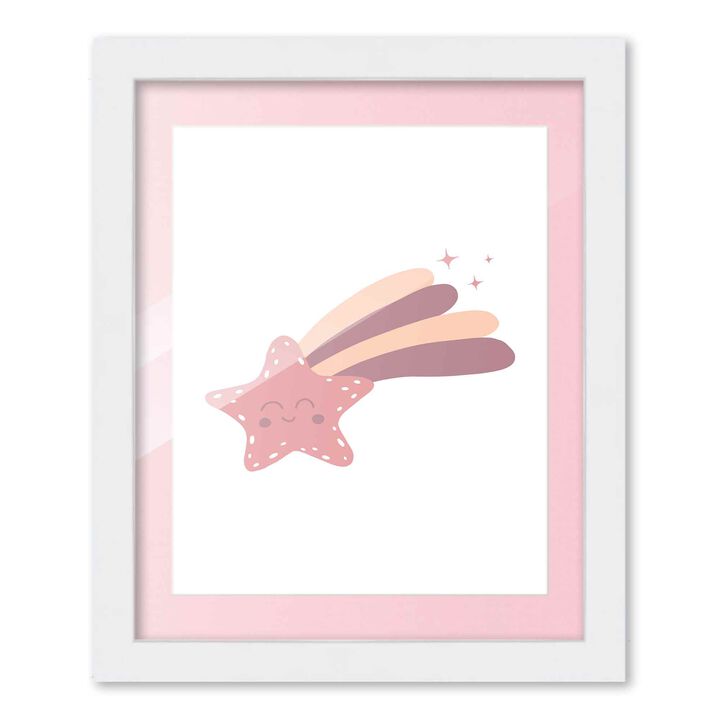 8x10 Framed Nursery Wall Art Boho Galaxy Shooting Star Poster in Pink with Soft Pink Mat in 10x12 White Wood Frame