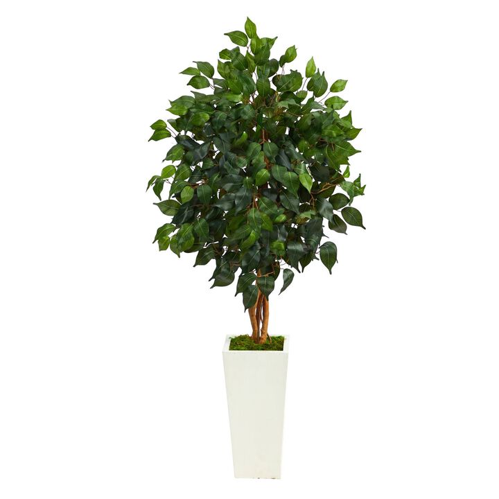 Nearly Natural 4-ft Ficus Artificial Tree in White Tower Planter