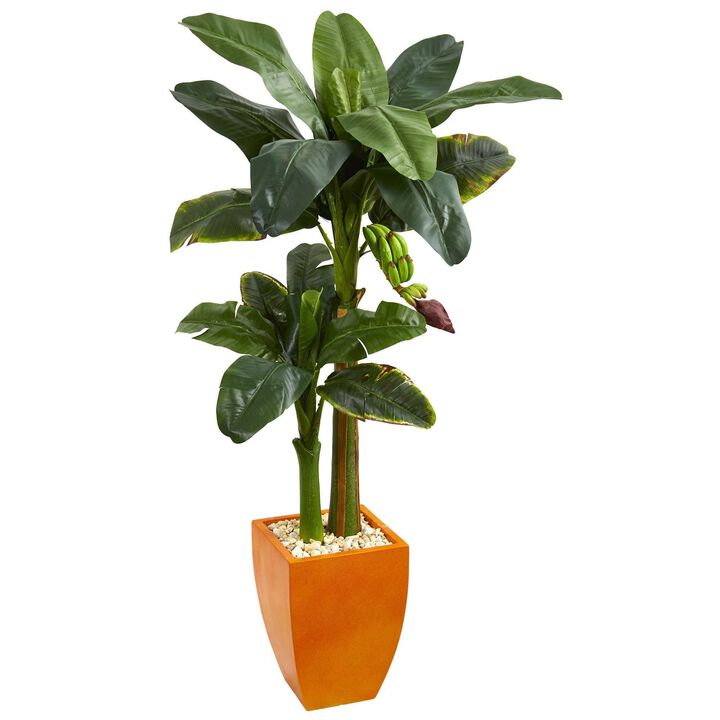 Nearly Natural 5.5-in Double Stalk Banana Artificial Tree in Orange Planter