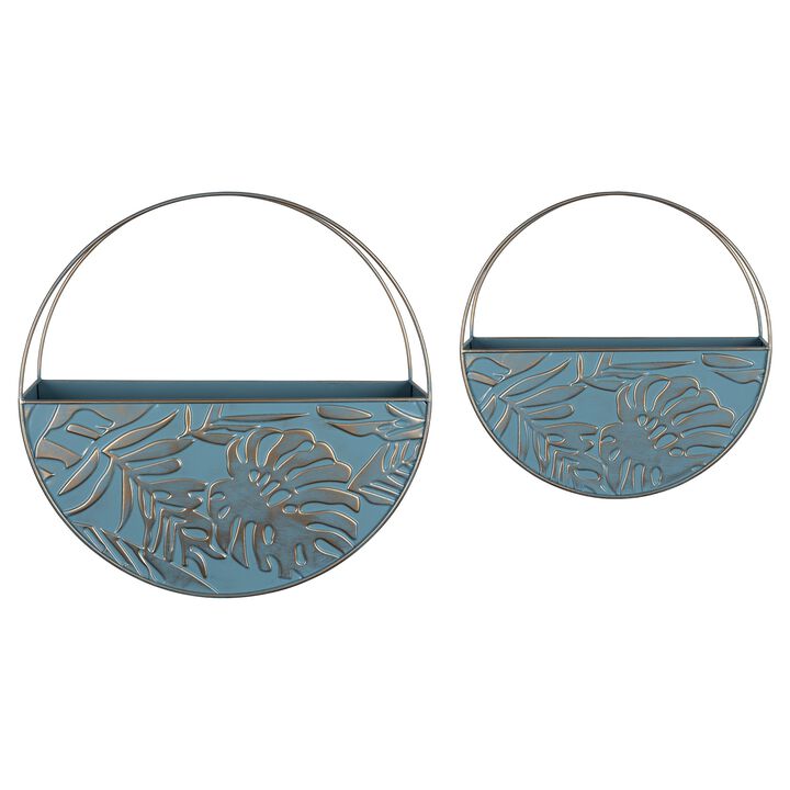 Set of 2 Blue and Gold Boho Metal Round Wall Planters 15"