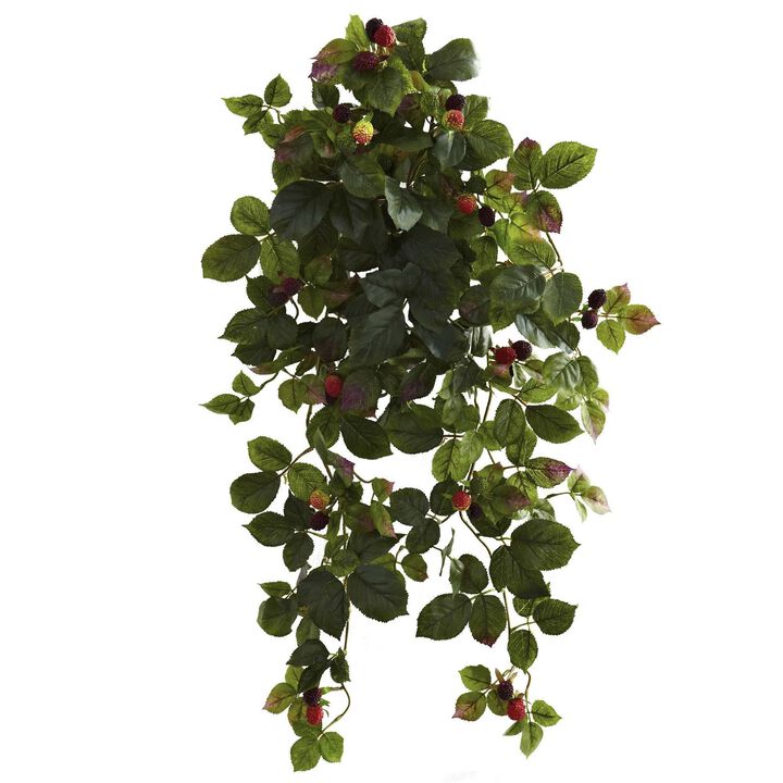 Nearly Natural 32-in Raspberry Hanging Bush with Berry (Set of 2)