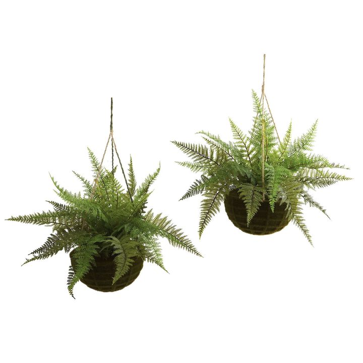 Nearly Natural Leather Fern w/Hanging Basket (Indoor/Outdoor) (Set of 2)