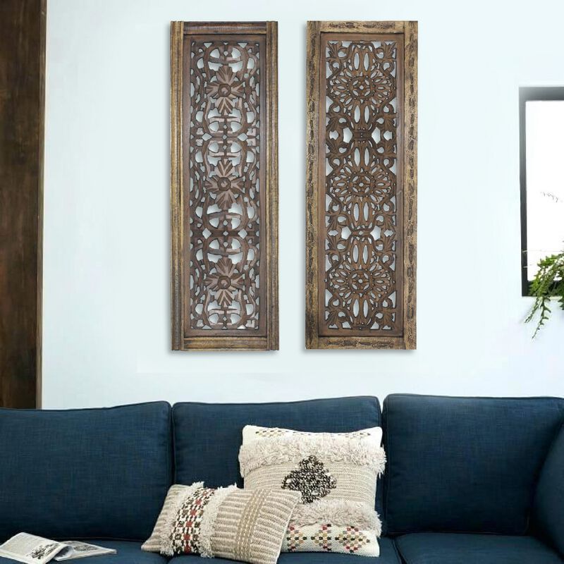 Benzara Floral Hand Carved Wooden Wall Panels, Assortment of Two, Brown-Benzara