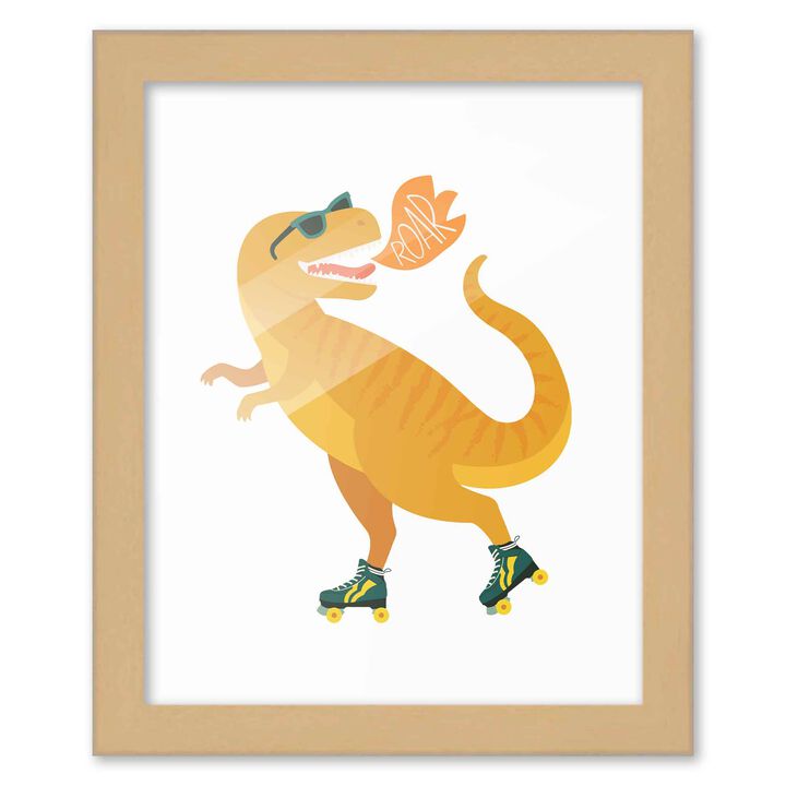8x10 Framed Nursery Wall Art Dinosaur T-Rex Skating Poster in Black Wood Frame For Kid Bedroom or Playroom
