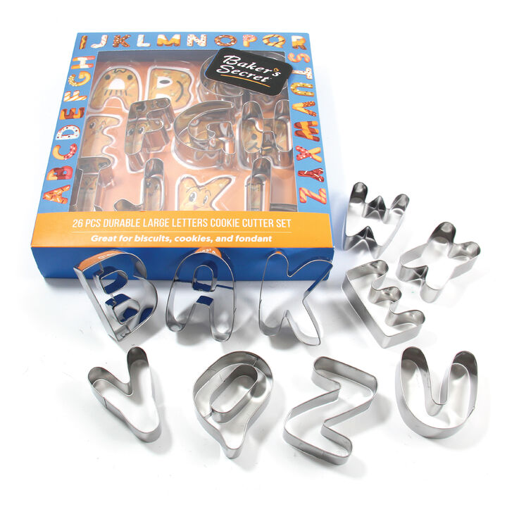 Baker's Secret Cookie Cutter Set Stainless Steel Jumbo Size 26 Letters, Stainless Steel Heat Resistant, in Gift Packaging, Alphabet Big Letters for Baking, Silver