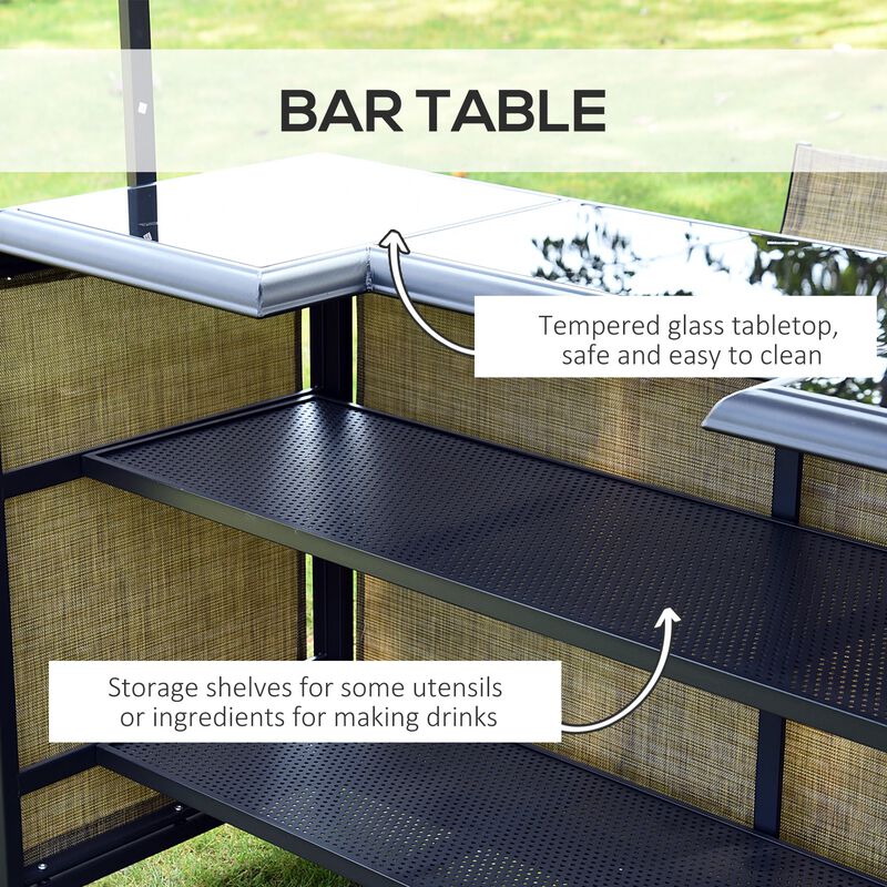 3 Piece Outdoor Bar Set for 2 with Canopy, Rectangular Table with Storage Shelves & Two Bar Chairs, Breathable Mesh