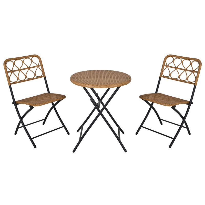 3 PCS Rattan Wicker Bistro Set with Easy Folding, Hand Woven Rattan Coffee Table and Chairs for Outdoor Lawn, Pool, Balcony & Garden, Natural