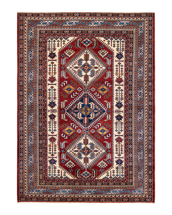 Tribal, One-of-a-Kind Hand-Knotted Area Rug  - Red , 5' 3" x 7' 1"