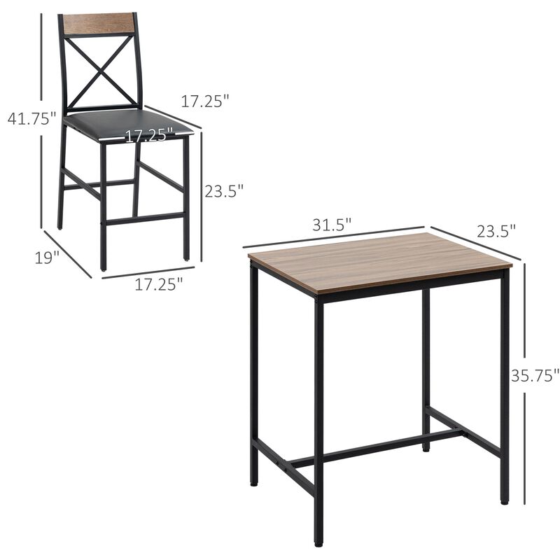 3 Piece Dining Table Set, Bar Table and Chairs Set with PU Padded Stools and Steel Frame for Kitchen, Small Space, Brown