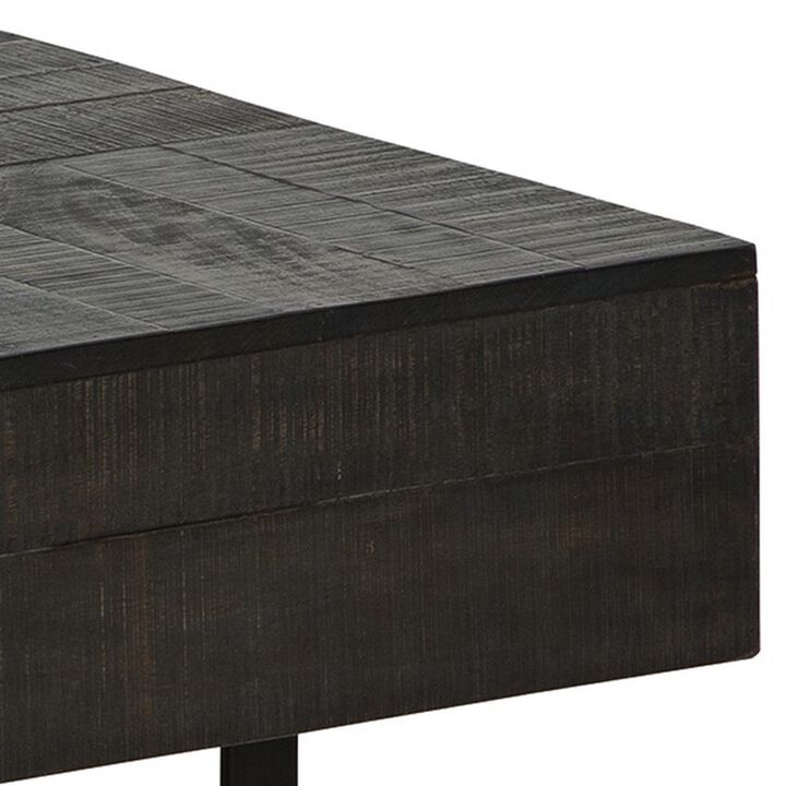 42 Inch Storage Coffee Table, Thick Cut Gray Mango Wood, Black Metal Base-Benzara