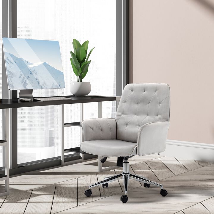 Modern Mid-Back Tufted Linen Fabric Home Office Task Chair with Arms, Swivel Adjustable - Light Grey