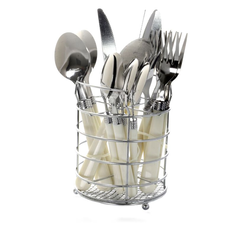 Gibson Sensations II 16 Piece Stainless Steel Flatware Set with White Handles and Chrome Caddy
