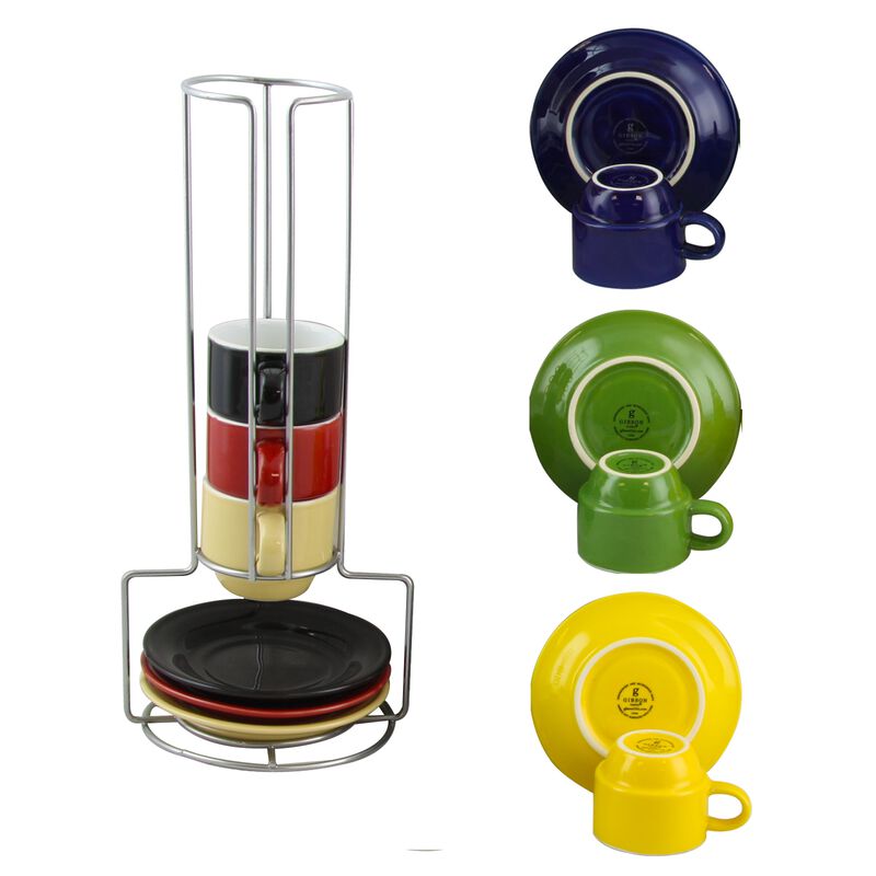 Gibson Sensations 13 Piece Stackable Non-Toxic Ceramic Small Espresso Cup Set with Saucers and Metal Wire Rack in Assorted Colors
