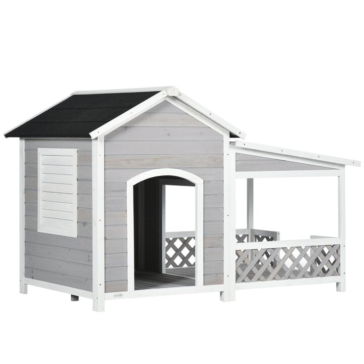 Wooden Dog House Outdoor with Porch, Cabin Style Raised Dog Shelter with Asphalt Roof, Doors and Shutter Window, for Medium Large Sized Dog, Light Gray