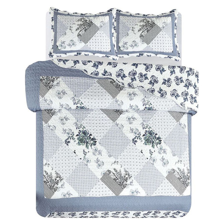 Legacy Decor 3 PCS Quilt Bedspread Coverlet Blue and White Floral Patchwork Design Microfiber King Size