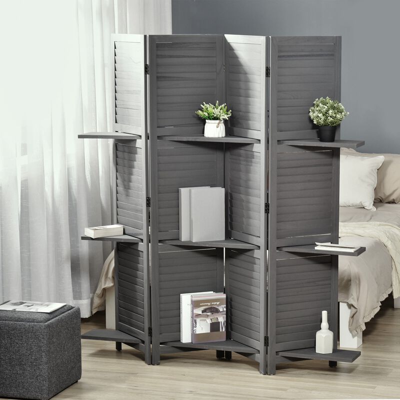 4 Panel 67" Tall Wood Wall Divider Room Divider with 3 Display Shelves, and Folding Storage for Bedroom or Home Office, Grey