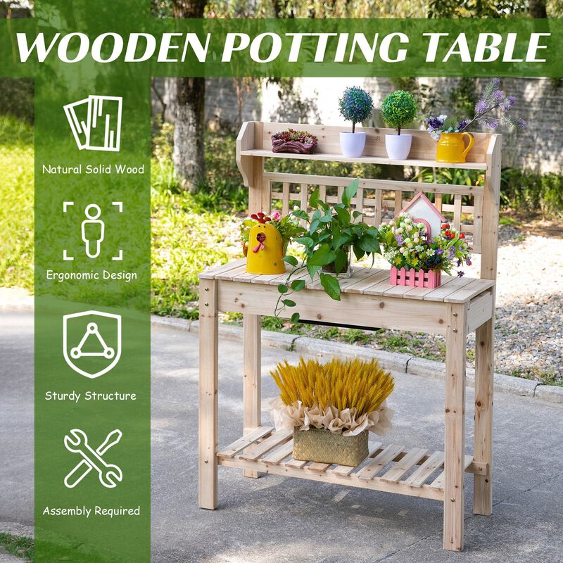 39'' Wooden Garden Potting Bench Work Table with Hidden Storage, Sliding Tabletop, Below Clapboard, Upper Shelf, Natural