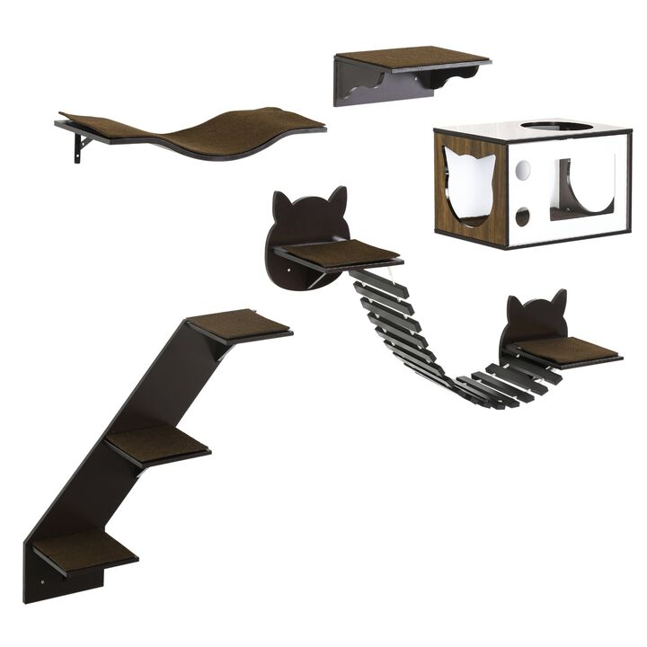 5PCs Cat Wall Shelves Pet Wall-mounted Climbing Shelf Set with Cushion Condo Jumping Platform Ladder Brown