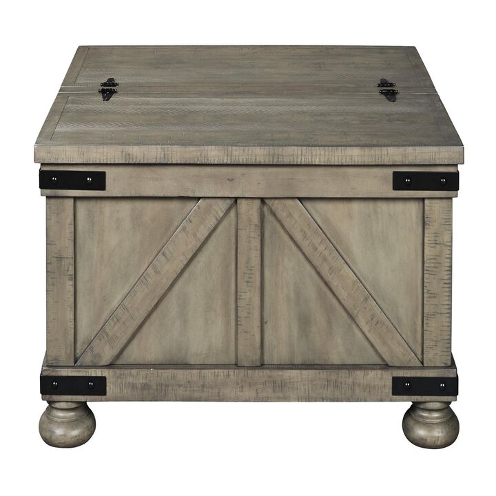 Farmhouse Cocktail Table with Lift Top Storage and Crossbuck details, Gray-Benzara