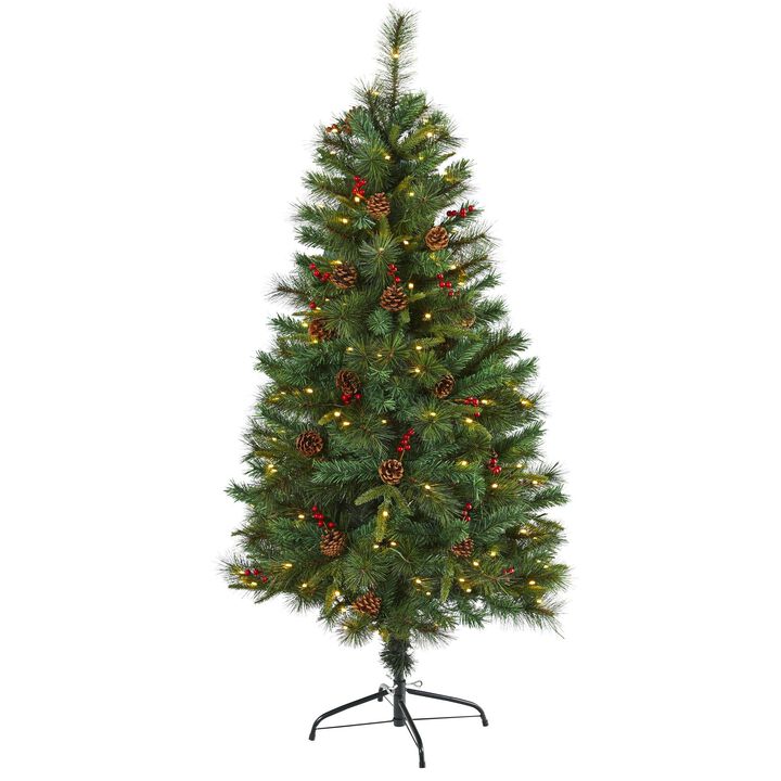Nearly Natural 5-ft Mixed Pine Artificial Christmas Tree with 150 Clear LED Lights, Pine Cones and Berries