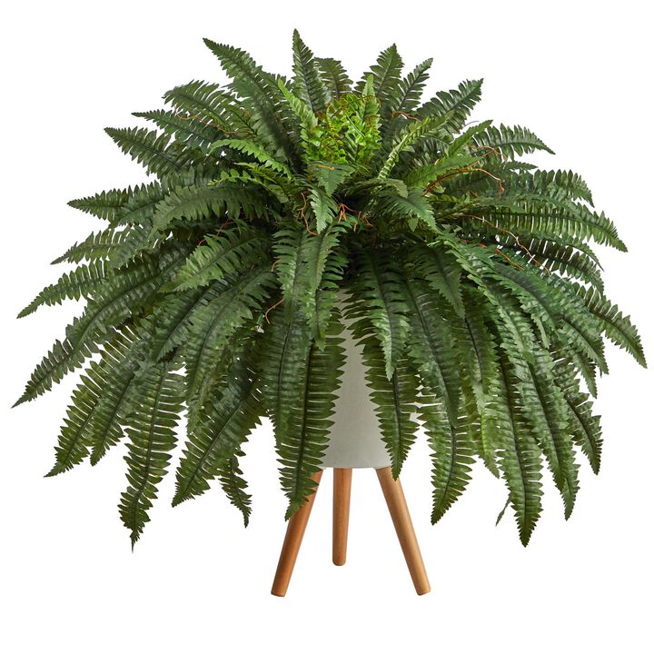 Nearly Natural 2.5-in Boston Fern Artificial Plant in White Planter with Legs