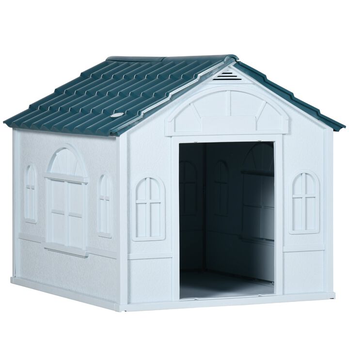 Water-Resistant Plastic Dog House Outdoor with Door Opening, Puppy Kennel for Small to Medium Sized, Easy to Assemble, Blue