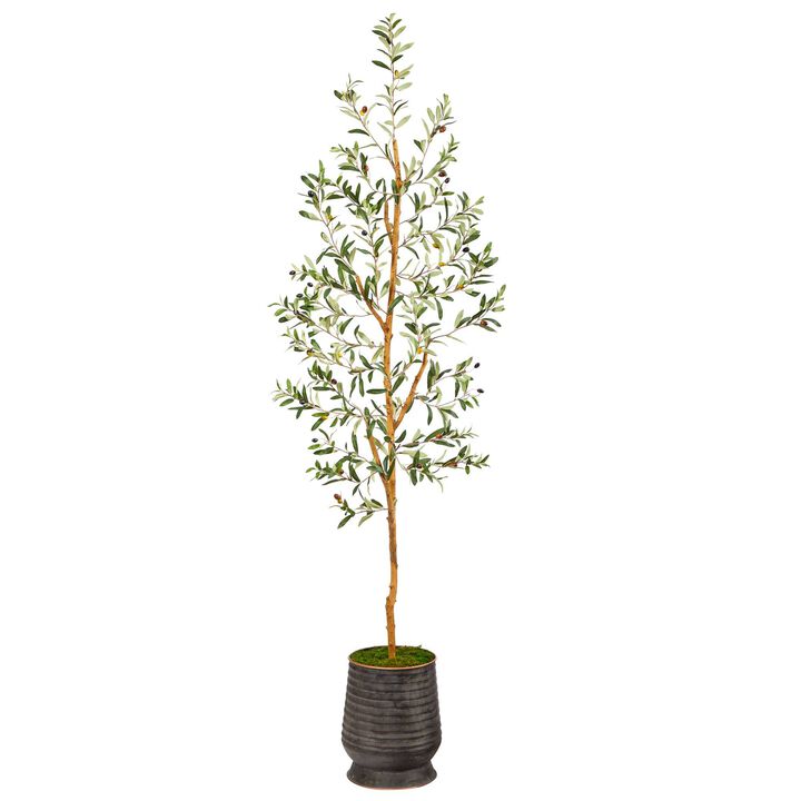 Nearly Natural 74-in Olive Artificial Tree in Ribbed Metal Planter