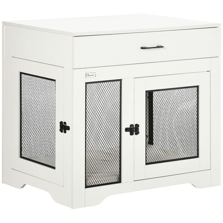 Dog Crate Furniture with Soft Water-Resistant Cushion, Dog Crate End Table with Drawer, Puppy Crate for Small Dogs Indoor with 2 Doors, White