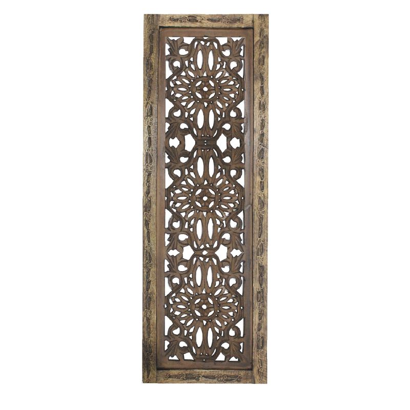 Benzara Floral Hand Carved Wooden Wall Panels, Assortment of Two, Brown-Benzara