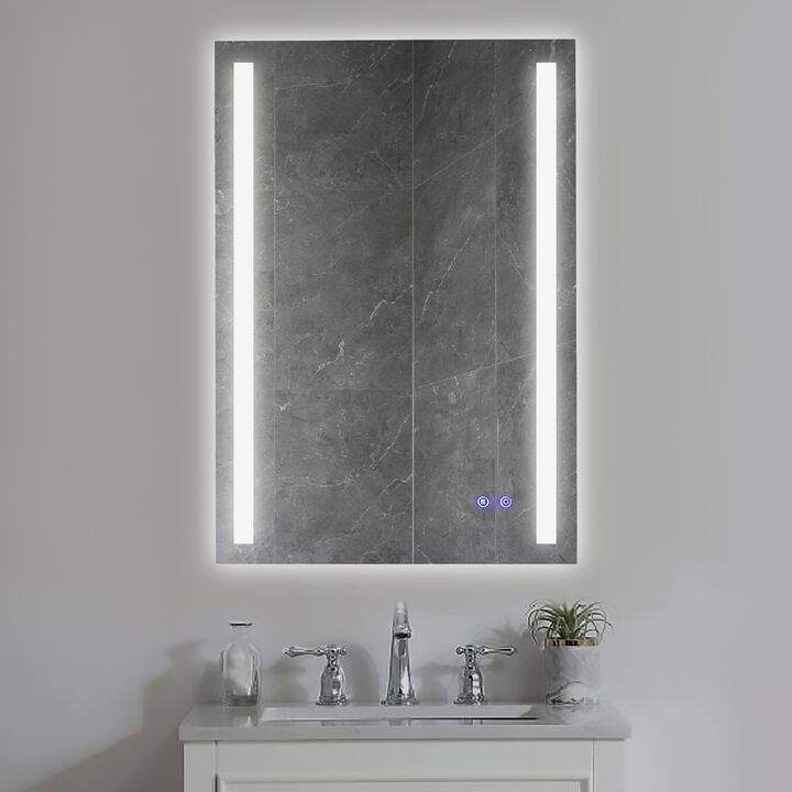 24 x 36 Inch Frameless LED Illuminated Bathroom Mirror, Touch Button Defogger, Metal, Vertical Stripes Design, Silver-Benzara