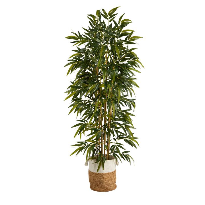 Nearly Natural 75-in Bamboo Tree w/1440 Branches in Jute and Cotton Planter