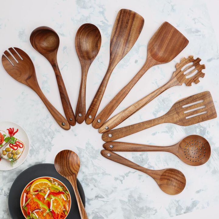 9-Piece Teak Wooden Utensils for Cooking with Premium Gift Box