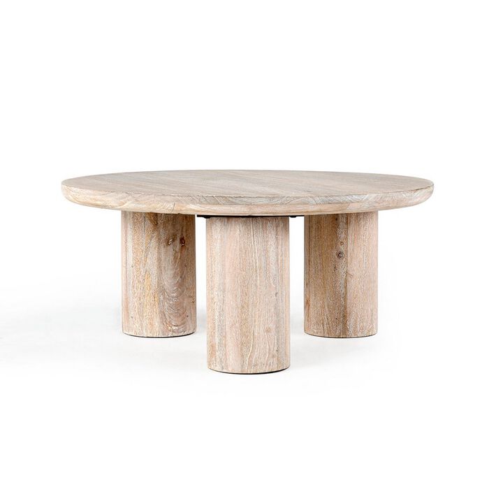 40 Inch Modern Solid Mango Wood Coffee Table, Round, Handcrafted, Brown-Benzara