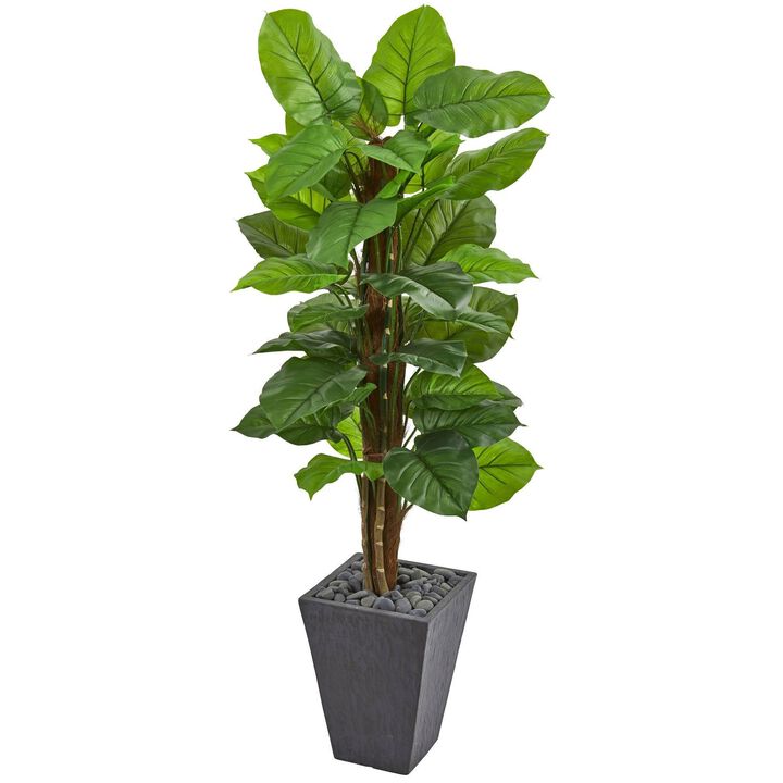Nearly Natural 5-ft Large Leaf Philodendron Plant Slate Planter (Real Touch)