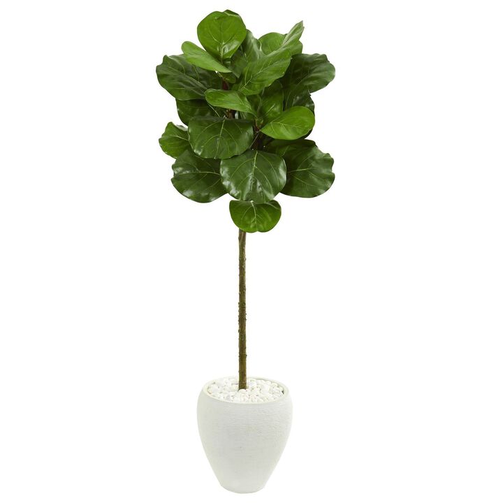 Nearly Natural 5-ft Fiddle Leaf Artificial Tree in White Planter