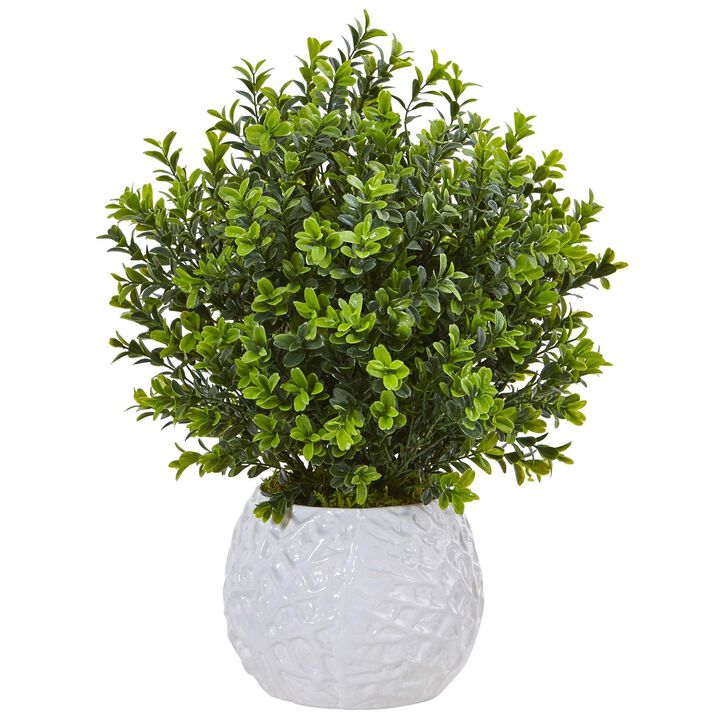 Nearly Natural 17-in Boxwood in White Vase (Indoor/Outdoor)