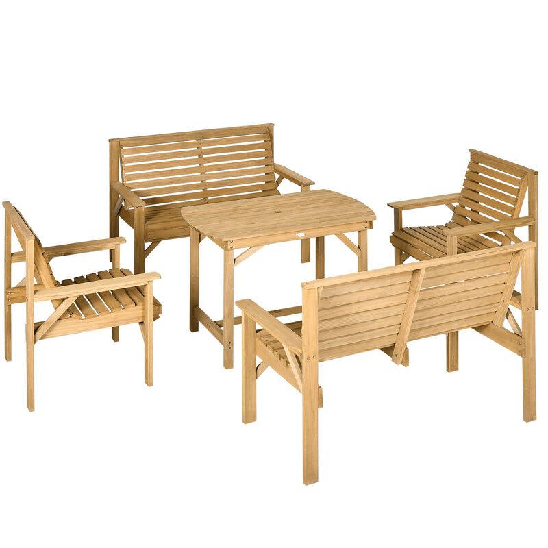 5 Pieces Patio Dining Set for 6, Natural Wood Outdoor Table and Chairs, Loveseats, Umbrella Hole, Light Brown