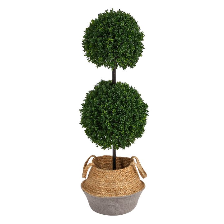 Nearly Natural 3.5-in Boxwood Tree in Jute Gray Planter UV (Indoor/Outdoor)