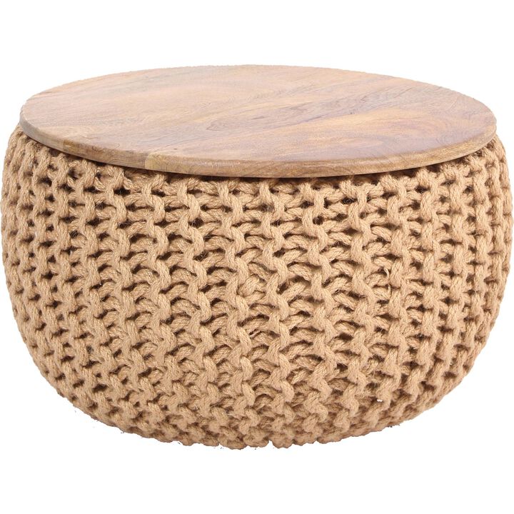 20" Beige Knitted Round Pouf Ottoman with Mango Wood Top